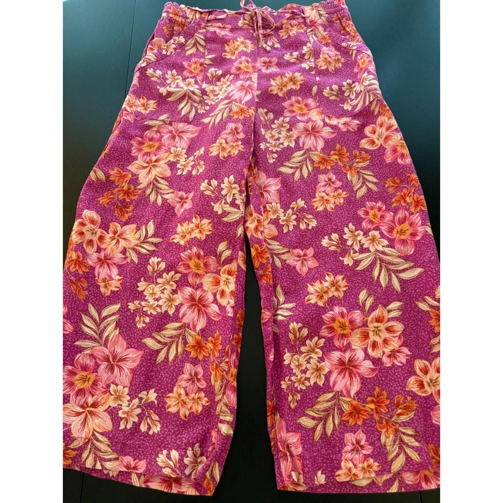 Ann Taylor Linen Pants Women L Petite Wide-Leg Crop Comfort Waist Pull-On Beachy